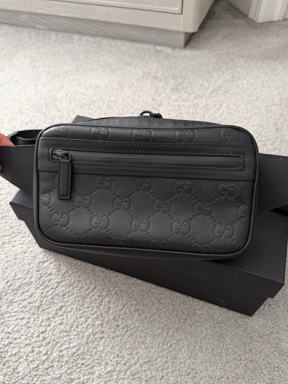 Gucci Black Embossed GG Leather Belt Bag